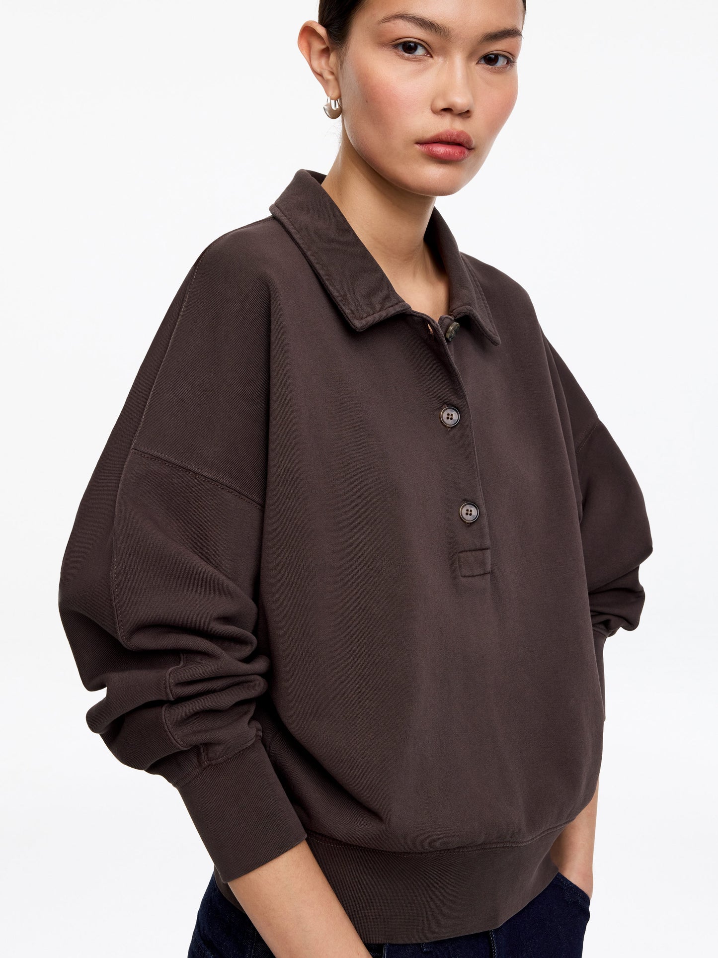 French Terry Polo Sweatshirt - Brown - Image 4