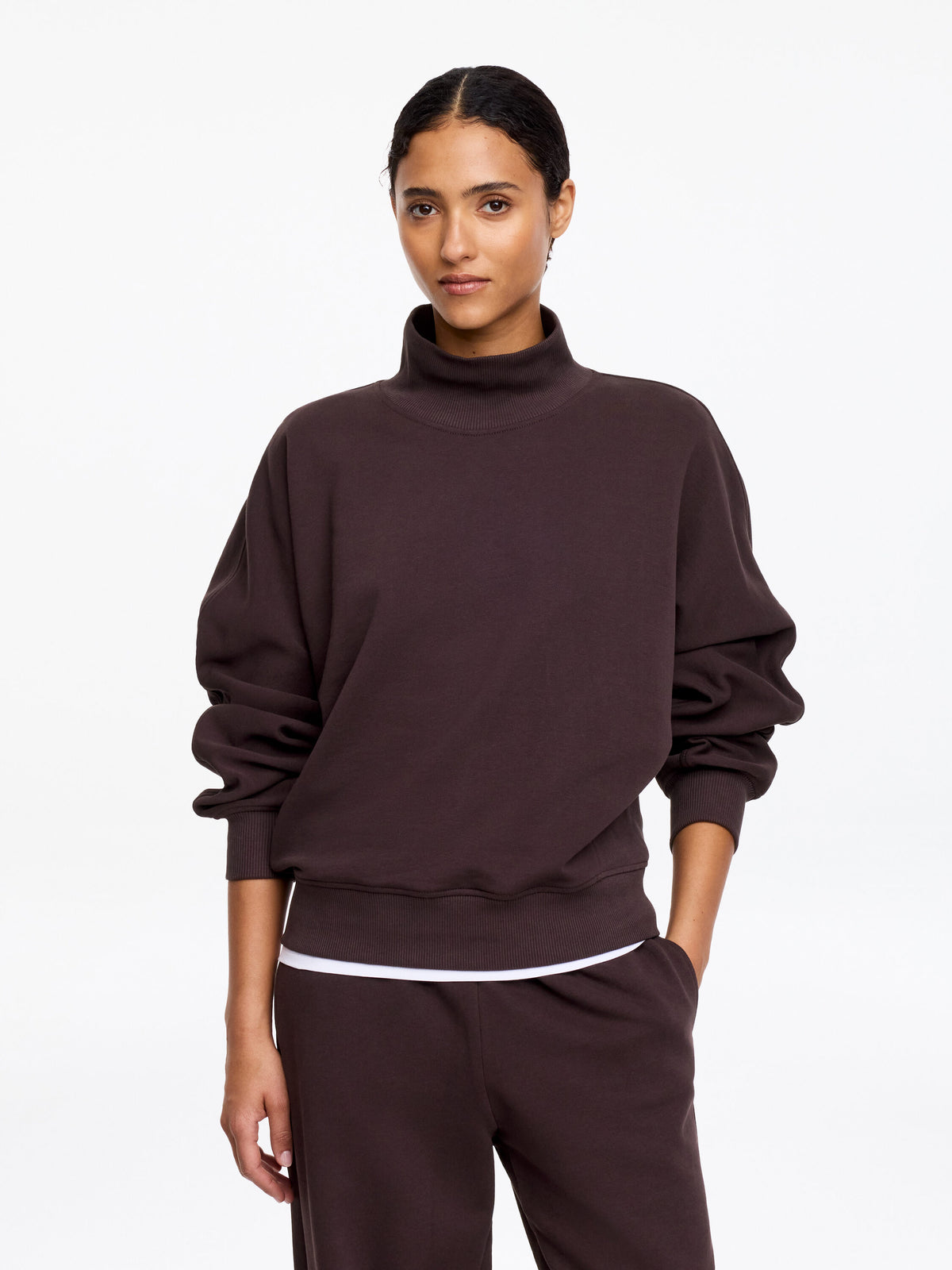 Mock-Neck Terry Sweatshirt - Brown