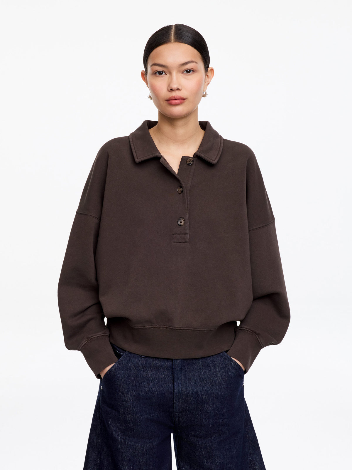 French Terry Polo Sweatshirt - Brown