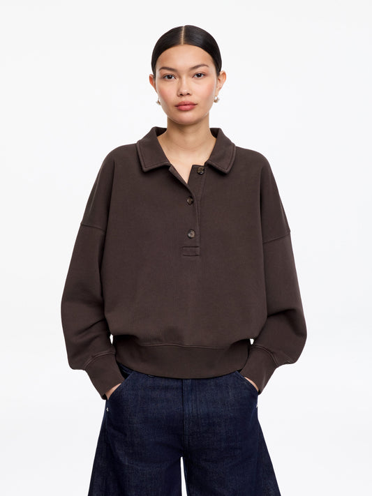 French Terry Polo Sweatshirt - Brown